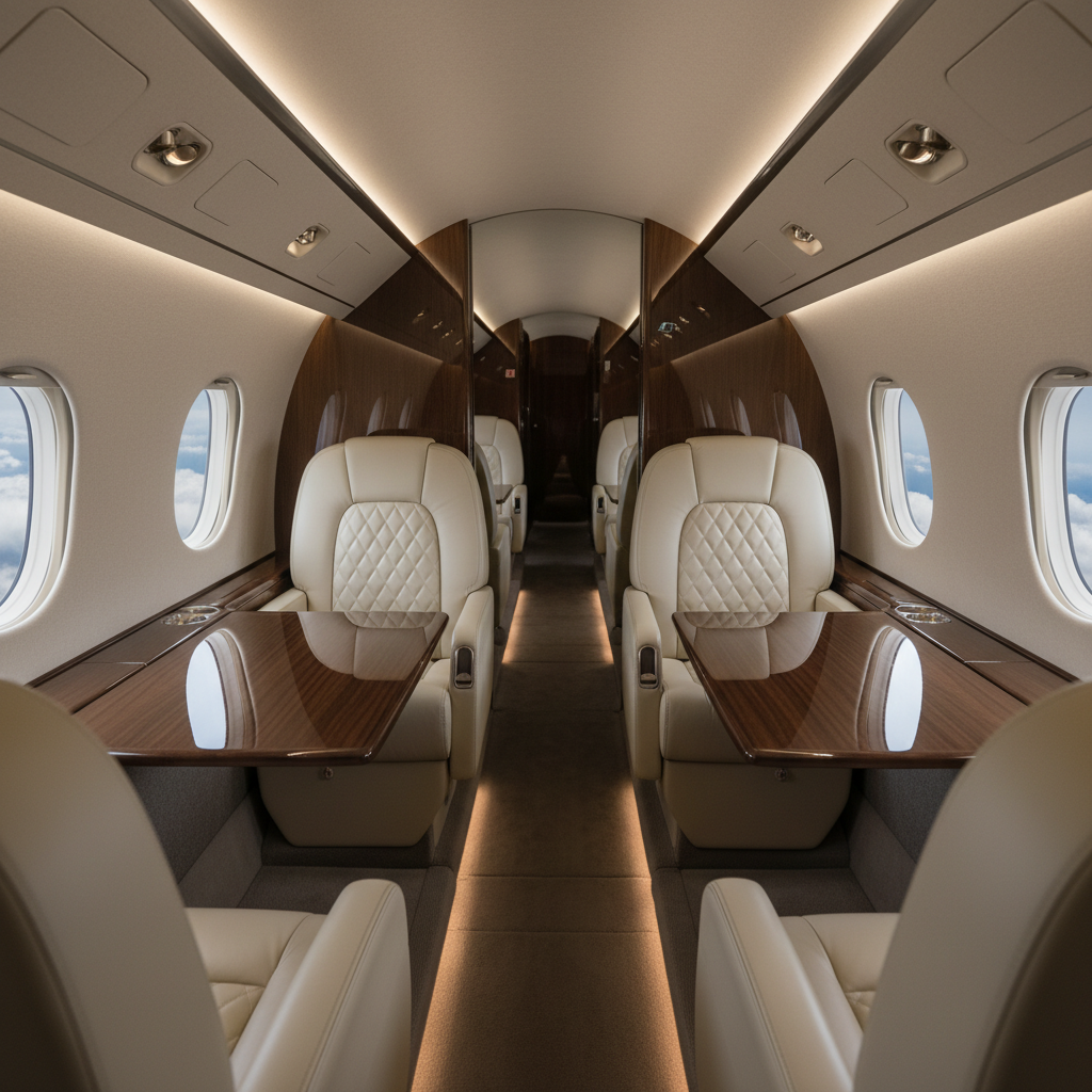 The X+ Luxe jet interior showcasing an ultra-luxurious main cabin: sculpted cream leather club chairs with diamond stitching, dark walnut veneer tables with a mirror-like polish, and brushed titanium hardware. The cabin walls feature subtly textured acoustic panels in warm taupe, seamlessly integrated with large oval windows revealing a high-altitude cloudscape. Discreet, recessed LED lighting runs along the ceiling and floor, casting a soft, ambient glow that highlights materials without harsh shadows. Photographic realism, shot from a slightly elevated angle down the aisle with a shallow depth of field, creating an intimate, serene, and impeccably sophisticated atmosphere suitable for high-end private aviation content.